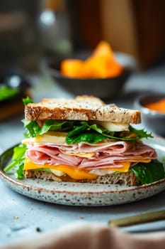 A sandwich with ham, cheese, and lettuce on a white plate. The sandwich is cut in half and placed on a table. Generative AI