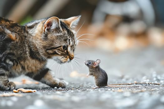 A cat is standing next to a mouse. The cat is looking at the mouse and seems to be about to pounce on it. Generative AI