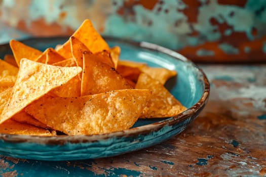 A plate of tortilla chips is on a table. The chips are in a blue bowl and are arranged in a neat pile. Generative AI