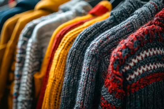 A row of sweaters hanging on a rack, with one of them being a red and white striped sweater. Generative AI