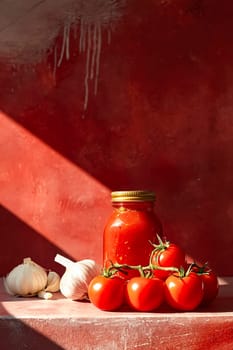 A jar of tomato sauce is on a table with garlic and tomatoes. The jar is full and the tomatoes are piled on top of it. Generative AI