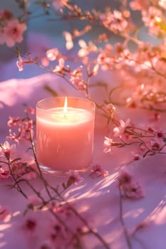 A candle is lit in a glass jar on a table with pink flowers. The candle is surrounded by pink flowers, creating a romantic and serene atmosphere. Generative AI