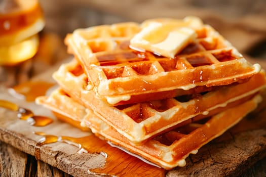 A stack of waffles with syrup on top. The waffles are golden brown and look delicious. Generative AI