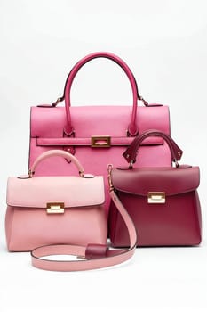 Three pink bags are displayed on a white background. The bags are of different sizes and styles, but they all have a similar color scheme. Scene is elegant and sophisticated. Generative AI