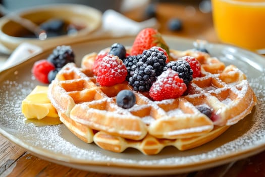 A plate of waffles with strawberries and blueberries on top. The plate is on a wooden table. Generative AI