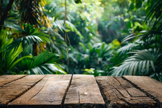 A wooden table with a view of a lush green jungle. The table is empty and the jungle is full of trees and plants. Generative AI