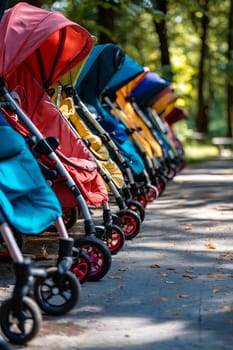 A row of colorful strollers lined up on a sidewalk. The strollers are of different colors and sizes, and they are all parked next to each other. The scene gives off a sense of organization and order. Generative AI