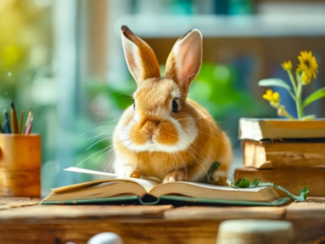 A rabbit is sitting on top of an open book. The rabbit is looking at the camera and he is curious about the book. The scene is set on a wooden table with a vase and a potted plant nearby. Generative AI