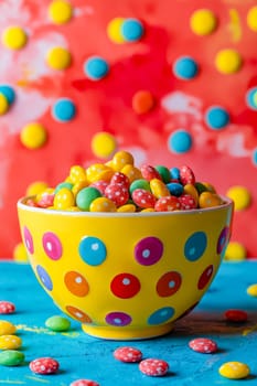 A bowl of colorful candies with a red background. The bowl is yellow and has a polka dot design. Generative AI
