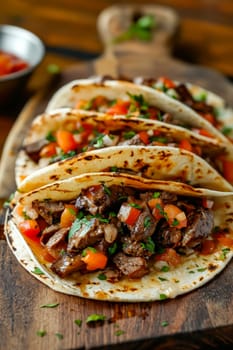 A plate of four tacos with meat and vegetables on a wooden board. The tacos are topped with cilantro and tomatoes. Generative AI