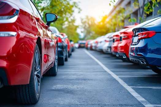 A row of cars are parked in a lot, with a red car in the middle. The cars are all lined up, with some parked closer to the camera and others further away. The scene gives off a sense of order. Generative AI