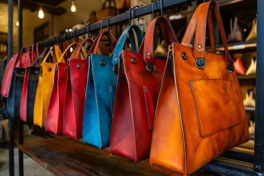 A row of colorful purses hanging on a rack. The purses are of different colors and sizes. Generative AI