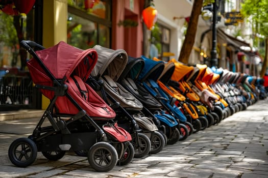 A row of strollers are lined up on a sidewalk. The strollers are of different colors and sizes. Generative AI