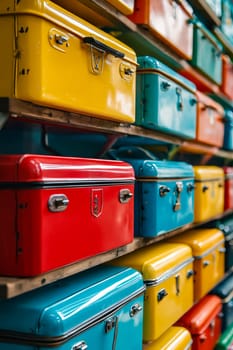 A row of colorful suitcases are displayed on a shelf. The suitcases are of different colors and sizes, and they are arranged in a neat and orderly manner. Scene is cheerful and inviting. Generative AI