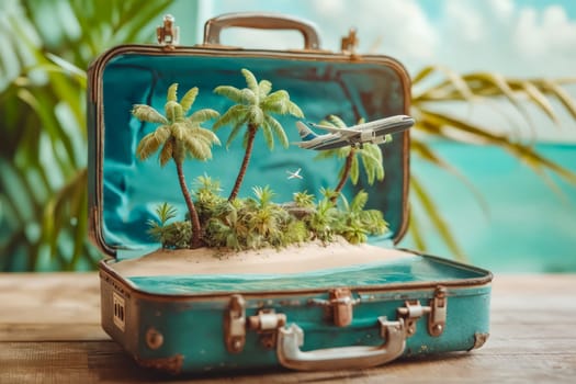 A blue suitcase with a palm tree and an airplane inside. Generative AI