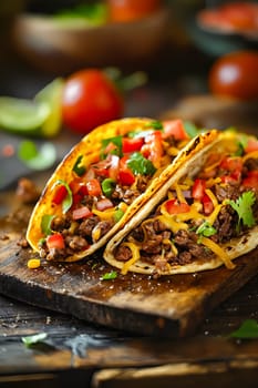 Two tacos with meat and cheese on a wooden board. The tacos are topped with tomatoes, onions, and cheese. Generative AI