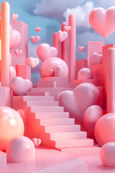 A pink cityscape with pink hearts and pink stairs. The pink color scheme gives the impression of a playful and whimsical atmosphere. Generative AI
