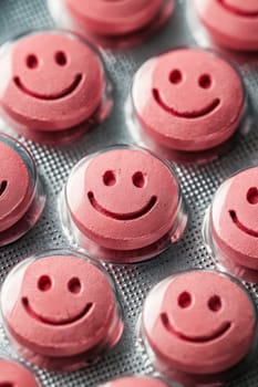 A row of red pills with smiling faces on them. The pills are in a plastic container. Scene is cheerful and lighthearted. Generative AI