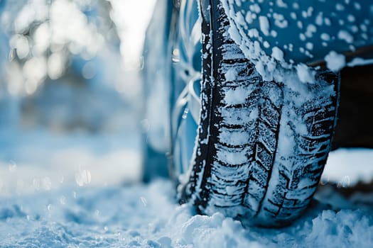 A tire covered in snow is shown in front of a snowy background. Generative AI