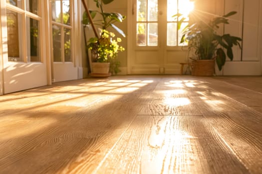 A room with a wooden floor and a large window. The sunlight is shining on the floor, creating a warm and inviting atmosphere. There are several potted plants scattered throughout the room. Generative AI