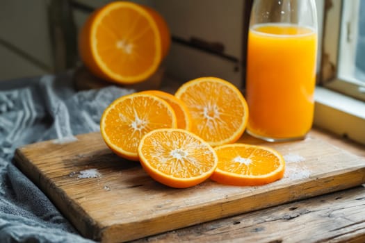 A glass of orange juice sits next to a cutting board with several orange slices on it. Concept of freshness and health, as the oranges are a natural source of vitamins and nutrients. Generative AI