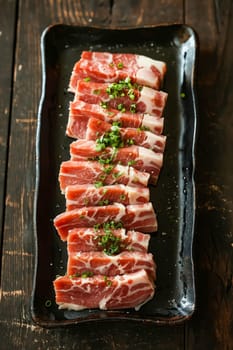 A plate of meat with green herbs on top. The meat is sliced and arranged in a neat row. Generative AI
