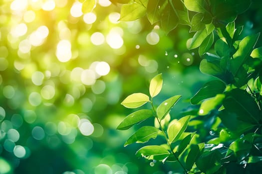 A leafy green tree with a bright sun shining through the leaves. The sun's rays create a beautiful, blurry effect around the tree. Generative AI