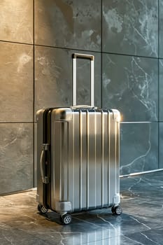 A silver suitcase with wheels sits on a marble floor. The suitcase is open and ready to be packed. Generative AI