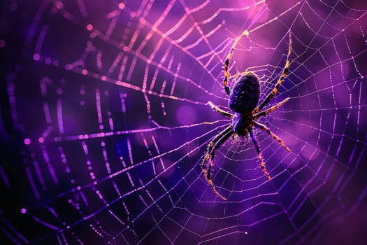 A spider is sitting in the center of a purple web. Generative AI