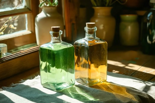 Two bottles of liquid, one green and one yellow, sit on a table in front of a window. Generative AI