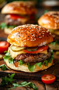 A hamburger with lettuce, tomato, and pickles on a bun. The bun is brown and has sesame seeds on it. Generative AI