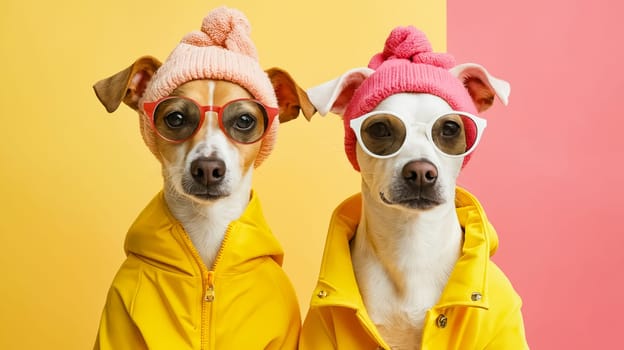 Two dogs wearing hats and sunglasses are posing for a photo. Generative AI