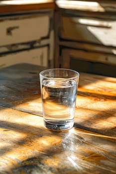 A glass of water sits on a wooden table. The glass is half full and the sunlight is shining on it. The scene is simple and peaceful, with the water representing a sense of calm and clarity. Generative AI