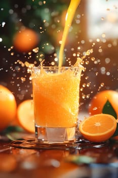 A glass of orange juice is poured into a glass, with a splash of juice falling out of the glass. There are also oranges on the table, one of which is partially cut. Generative AI