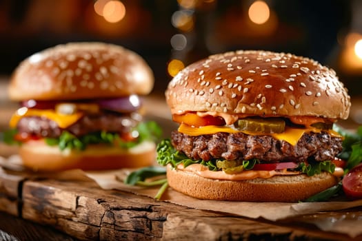 Two hamburgers with lettuce and cheese on top of a wooden table. The hamburgers are placed next to each other, and the table is covered with a brown paper. Generative AI