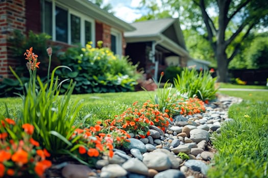 A house with a yard full of flowers and rocks. The yard is well-maintained and gives off a peaceful, serene vibe. Generative AI