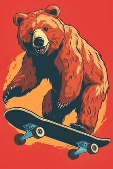 A bear is skateboarding on a red background. The bear is smiling and he is having fun. Generative AI