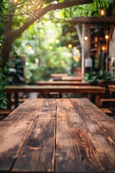 A wooden table with a view of a restaurant patio. Generative AI