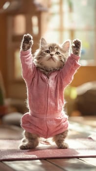A kitten in a pink outfit is standing on a yoga mat. The kitten is wearing a pink sweatshirt and he is doing a yoga pose. Generative AI
