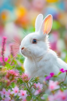 A white rabbit is standing in a field of flowers. The rabbit is looking at the camera with its eyes wide open. The scene is bright and colorful, with a mix of pink. Generative AI