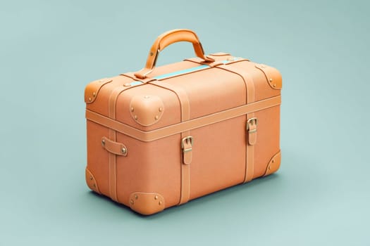 A tan suitcase with a brown handle sits on a blue background. The suitcase is open and he is empty. Generative AI