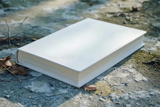 A white book with a leather cover sits on a rock. The book is open to a page with a picture of a tree. Scene is calm and peaceful, as the book is placed on a natural surface. Generative AI