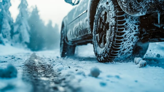 A snow covered truck with a tire that is covered in snow. Generative AI