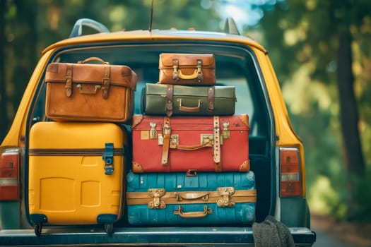 A yellow car is filled with luggage, including a red suitcase and a blue suitcase. The luggage is piled high in the back of the car, and the car is parked in a forest. Generative AI