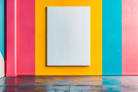 A white frame with a blank white background is hanging on a colorful wall. The frame is the only thing in the room, and it is the only thing that is not colorful. The room is empty. Generative AI