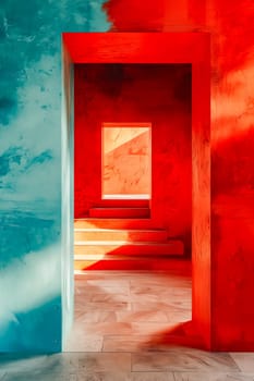 A red and blue room with a doorway in the middle. The red wall is painted with a blue stripe. Generative AI