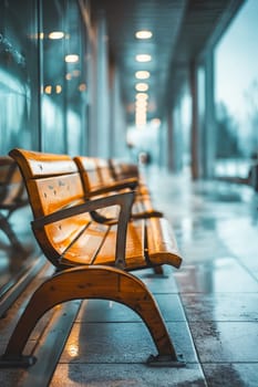 A bench is sitting in a hallway with a view of the street. The bench is empty and the hallway is dimly lit. Generative AI