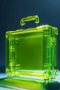 A green suitcase with a yellow handle sits on a table. The suitcase is made of clear plastic and has a shiny, reflective surface. The bright colors and the clear material give the suitcase a modern. Generative AI