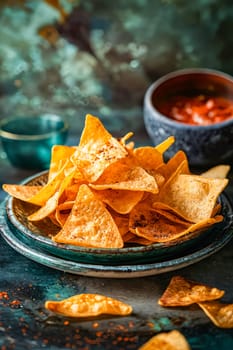 A plate of tortilla chips with a bowl of salsa on the table. The chips are piled high and look delicious. Generative AI