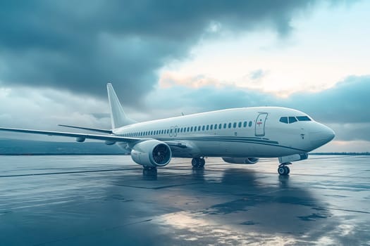 A white airplane is sitting on the ground in front of a cloudy sky. The plane is parked on a wet runway, and the sky is overcast. Scene is somewhat gloomy and overcast. Generative AI